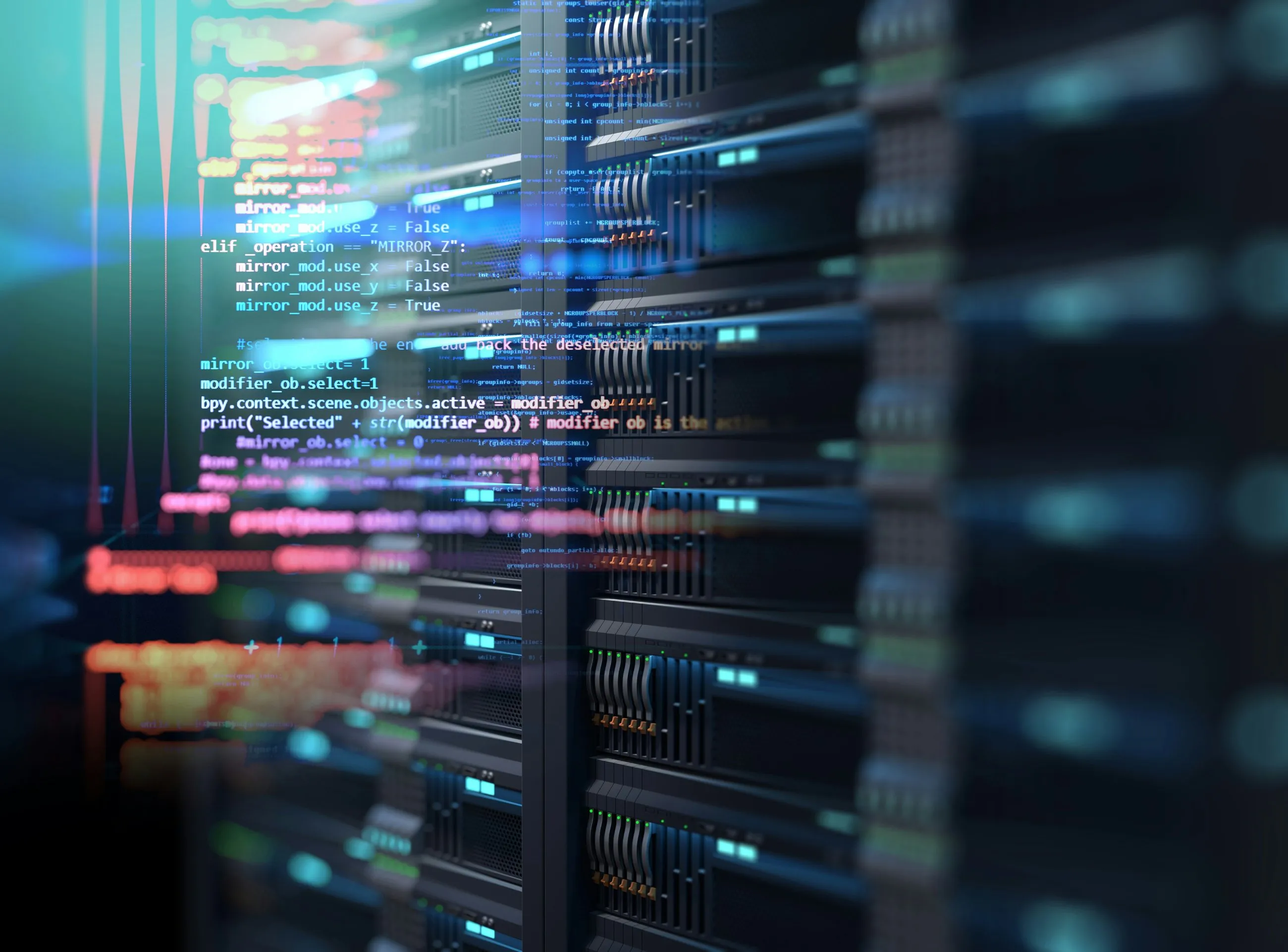 Server racks in a data centre, with lines of code glowing across them.