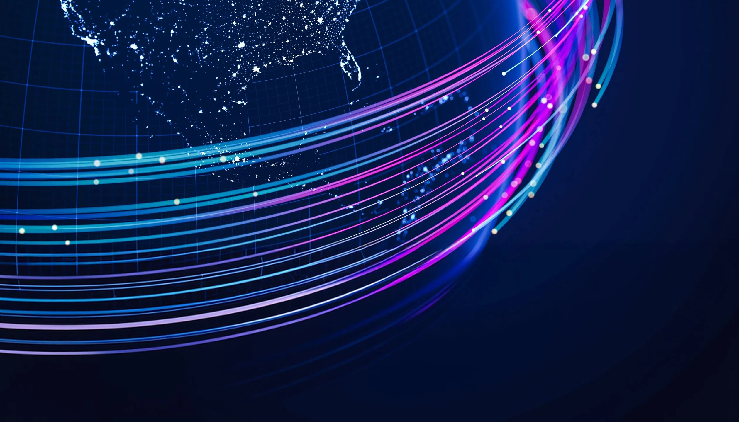 North America at night on a dark network globe, wrapped in streaking trails of light.