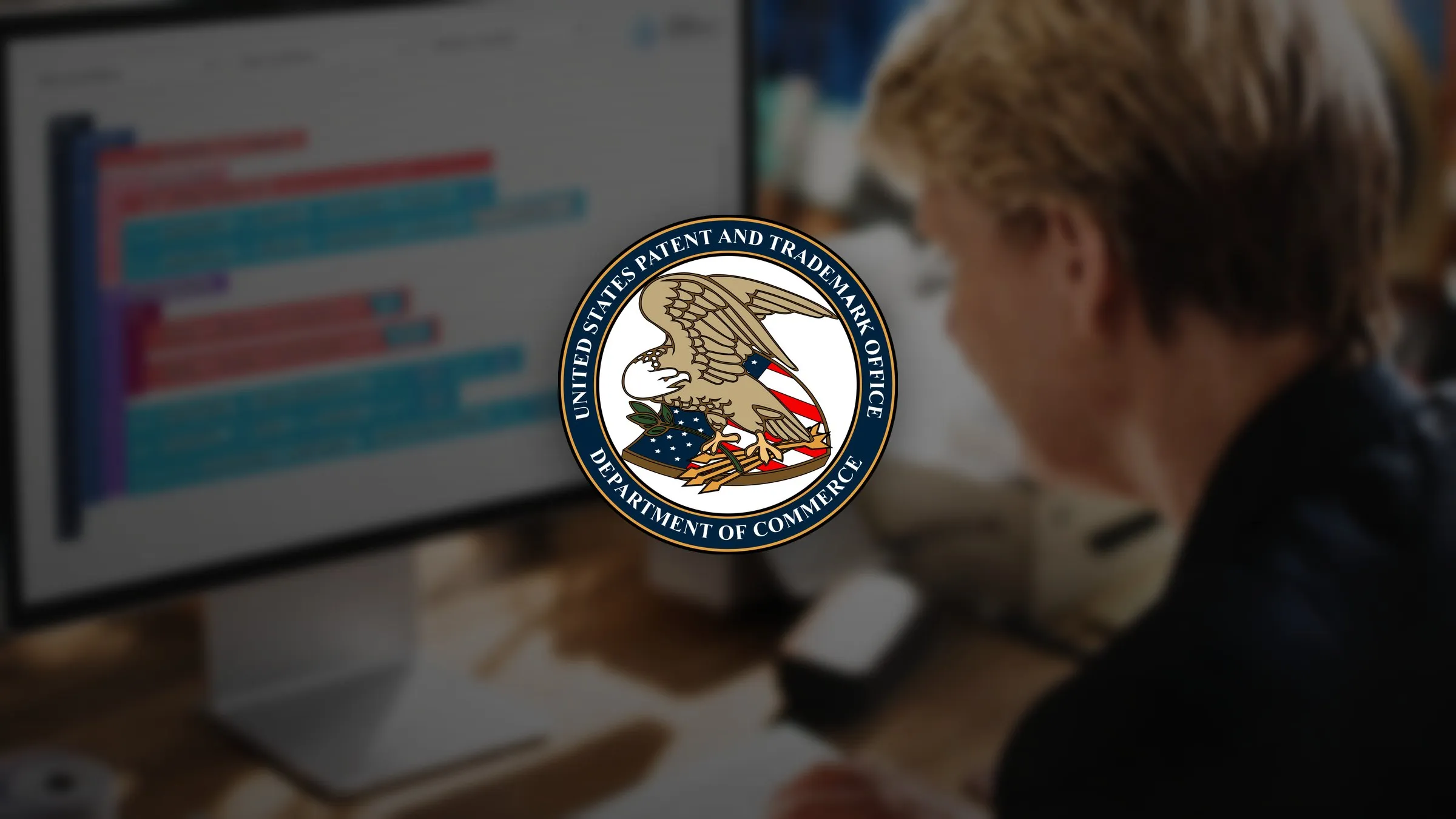 The seal of the United States Patent and Trademark Office over a marketer building an offer in GRAVTY Visual Rules