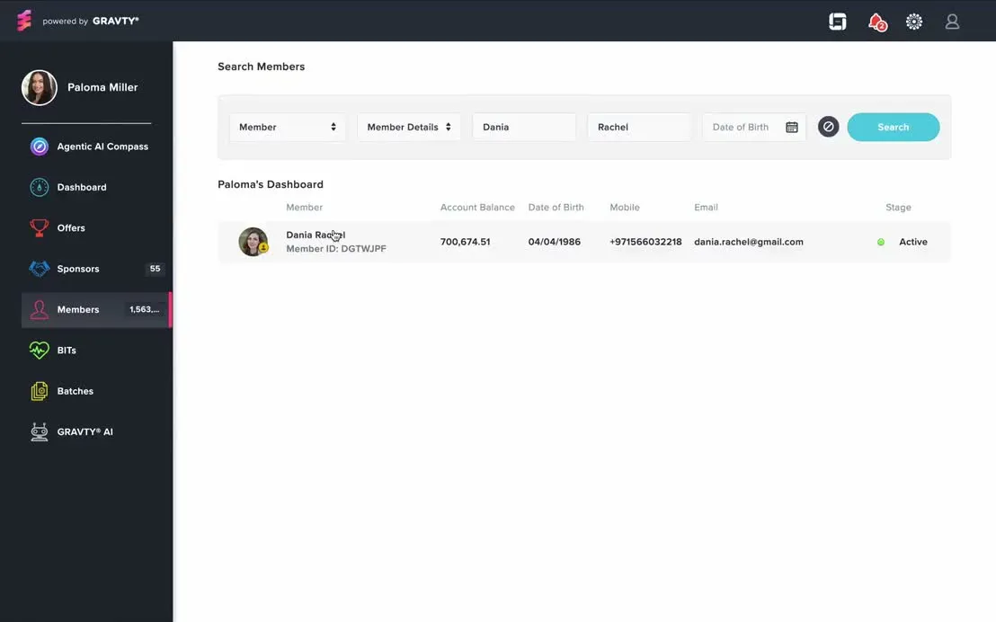 GRAVTY® member search returning a member’s account balance, contact details and status.
