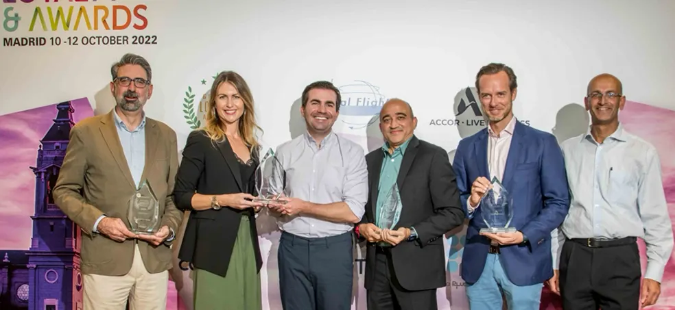 Loyalty Juggernaut team receiving the GRAVTY® AI-Sense award at Loyalty & Awards, Madrid.
