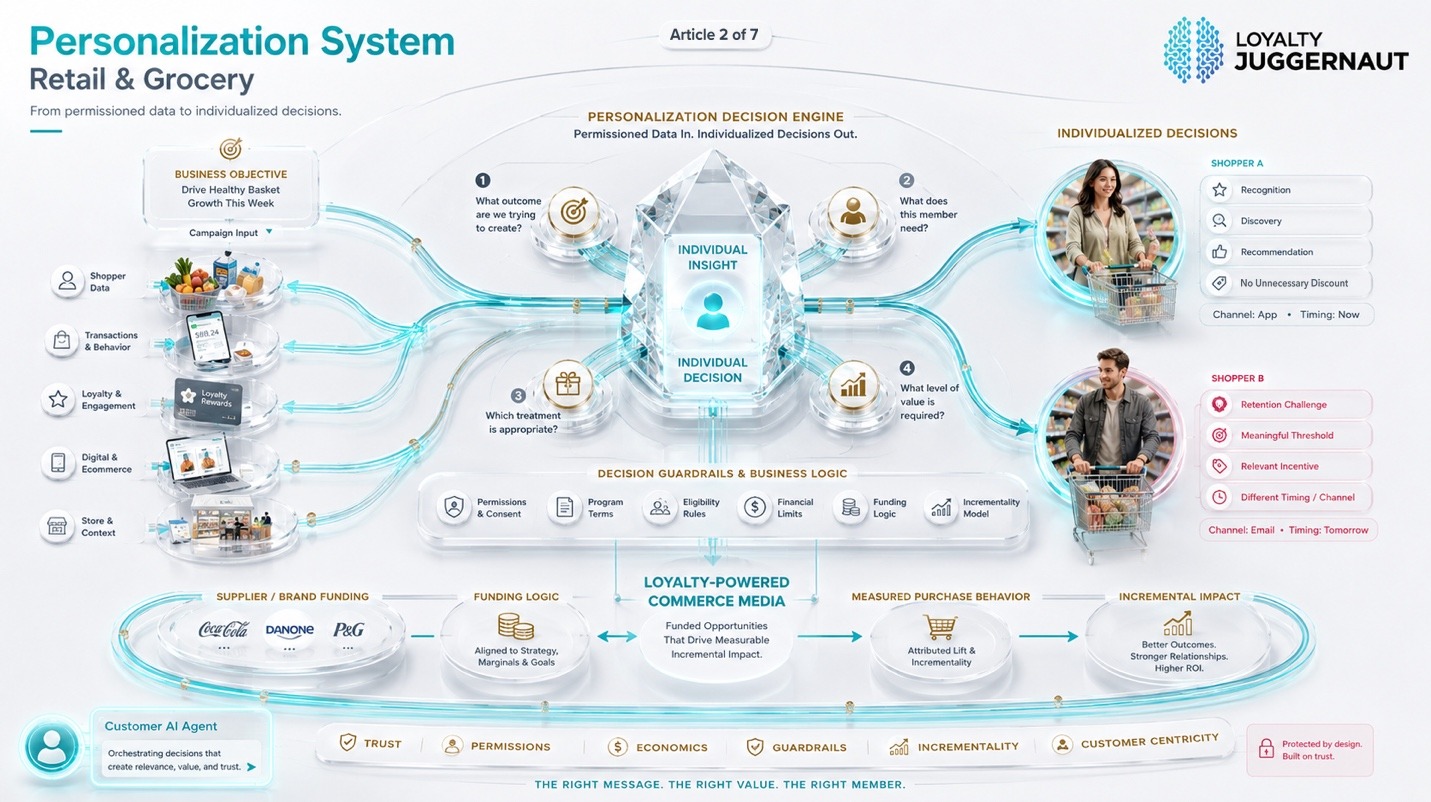 The Personalization System for retail and grocery: permissioned shopper data entering a decision engine that returns a different individualized decision for two shoppers, bounded by guardrails and supplier-funded commerce media.