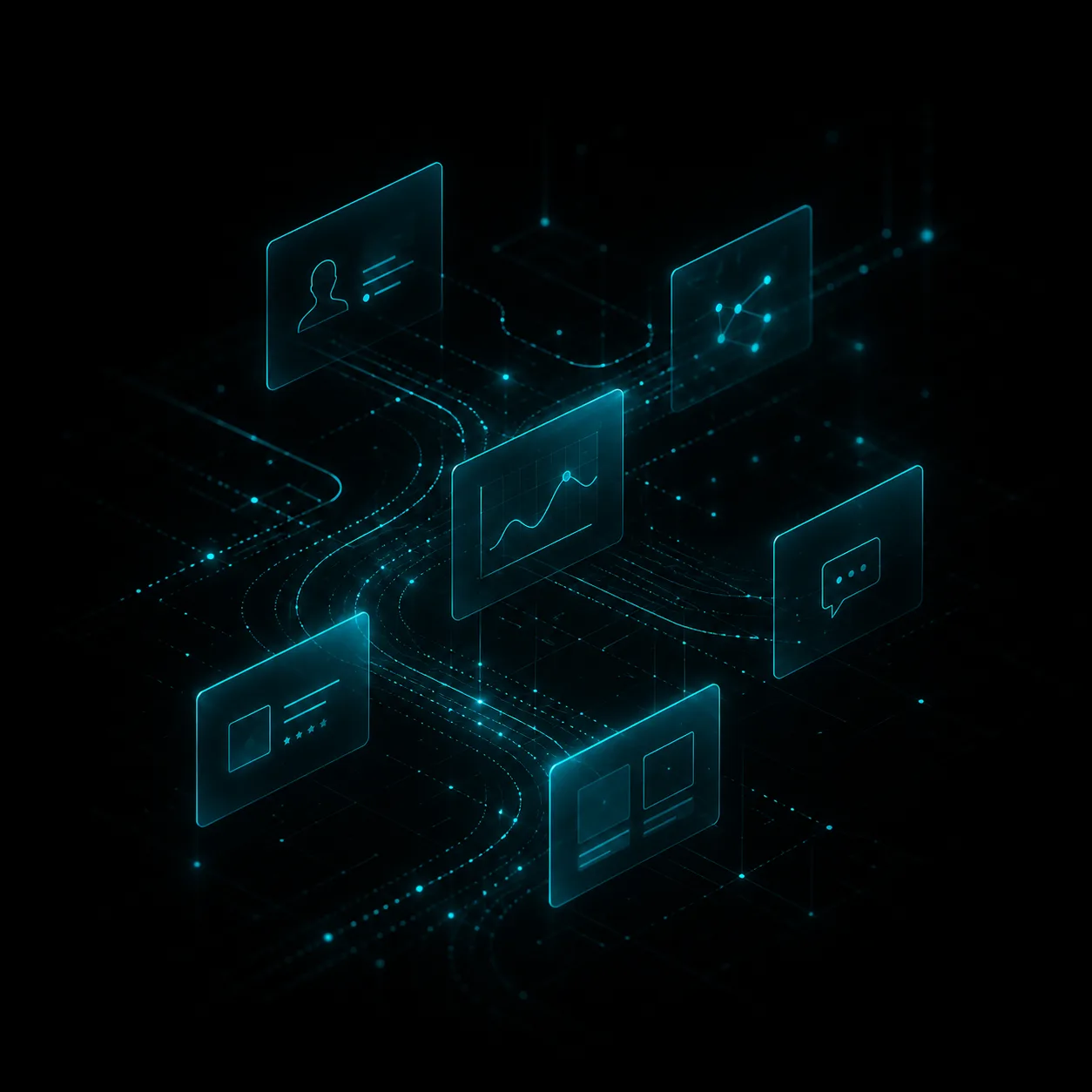An isometric data landscape where floating teal UI cards (profile, analytics chart, network, chat, payment, dashboard) are connected by glowing data streams that flow through a circuit-board terrain.